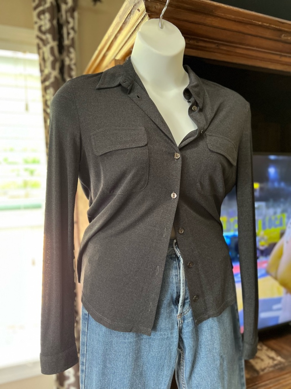 MaxMara Charcoal Gray Button-Down Shirt with Chest Pockets